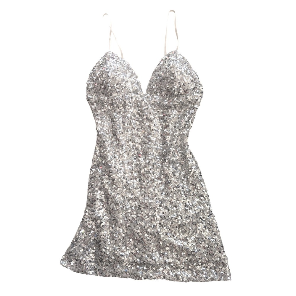 BLANC Silver Sequin V-Neck Mini Dress Sz‎ S Padded Cups Spaghetti Straps Lined
